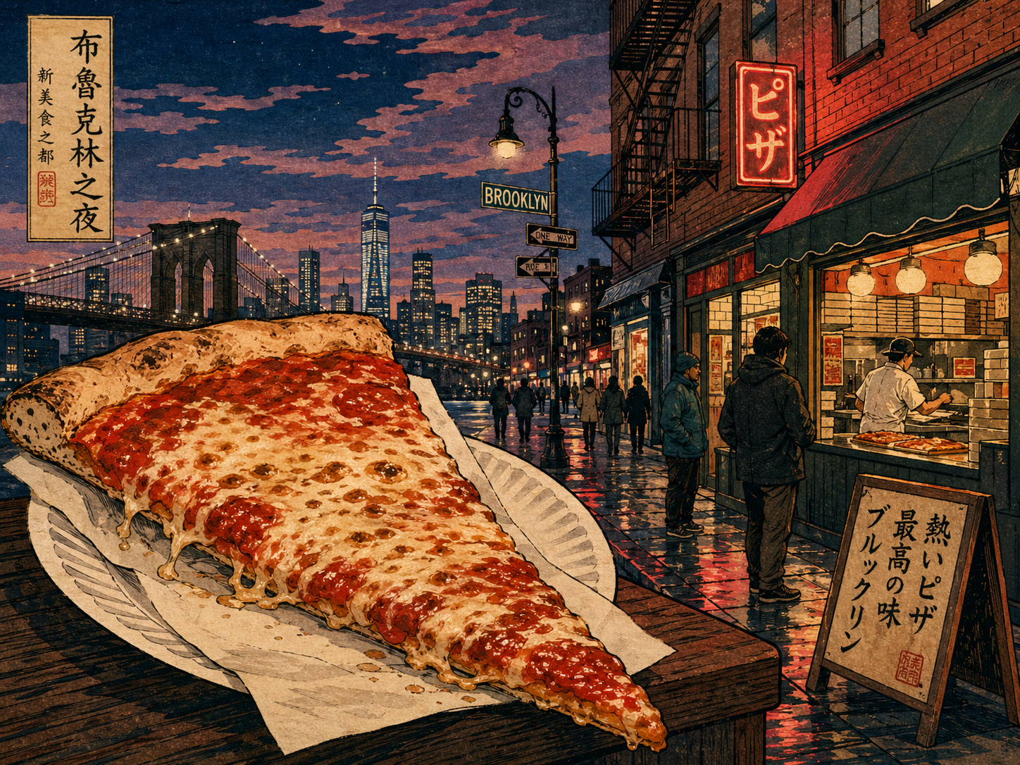 ブルックリンの街角でピザスライスを食べる風景