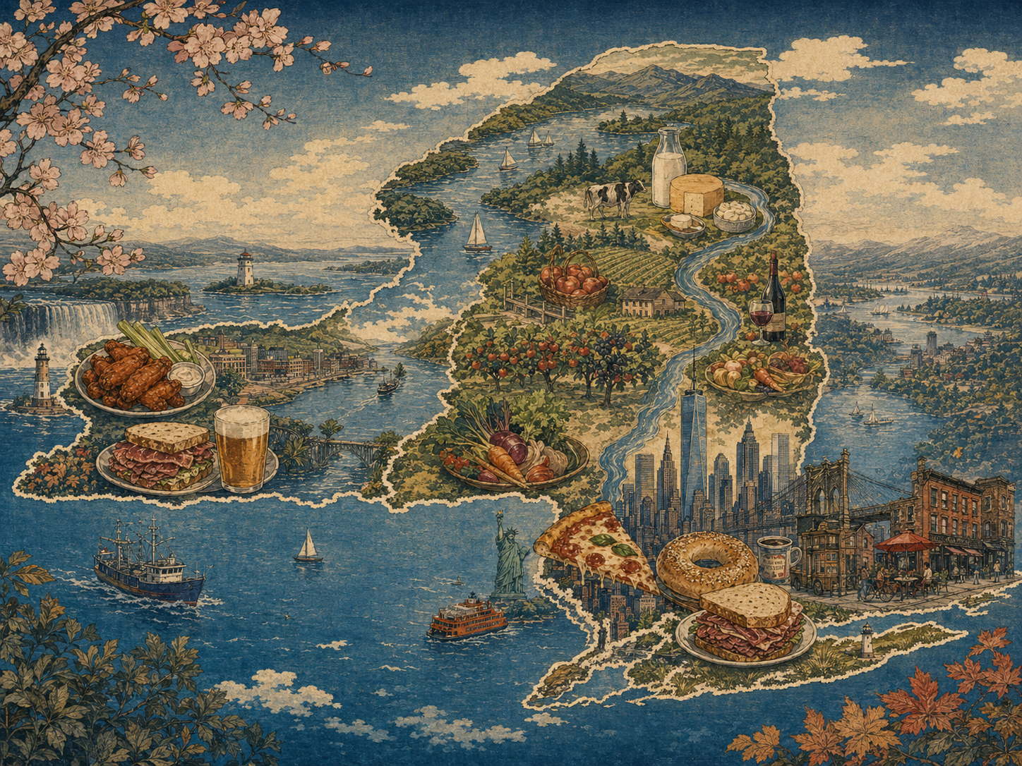 ニューヨーク州の食文化を地図のように描いた木版画風画像
