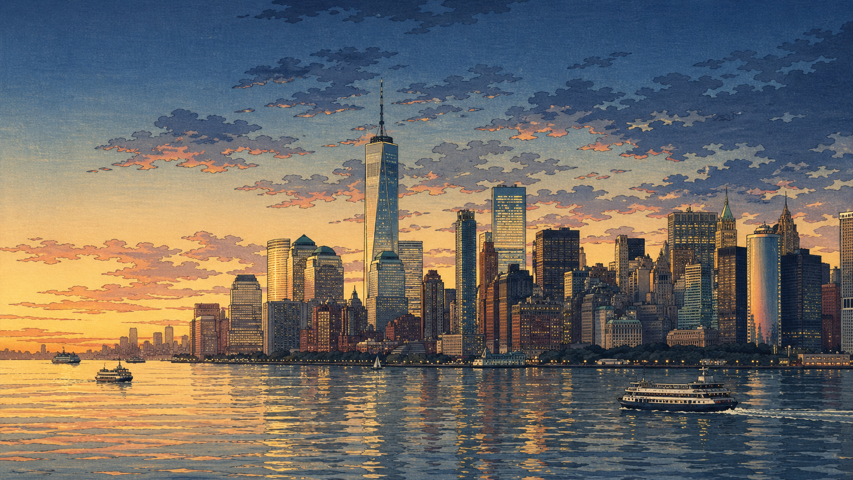 夕暮れのハドソン川越しに見えるマンハッタンのスカイラインを描いたNewYork.co.jpのメインビジュアル