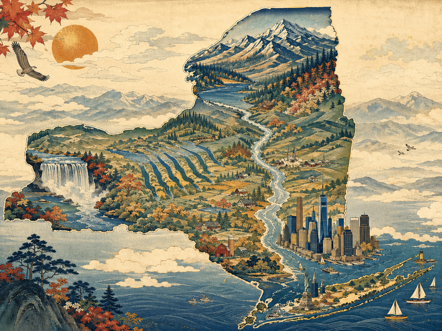 ニューヨーク州の都市、川、山、滝を象徴的に描いた地図風のイラスト