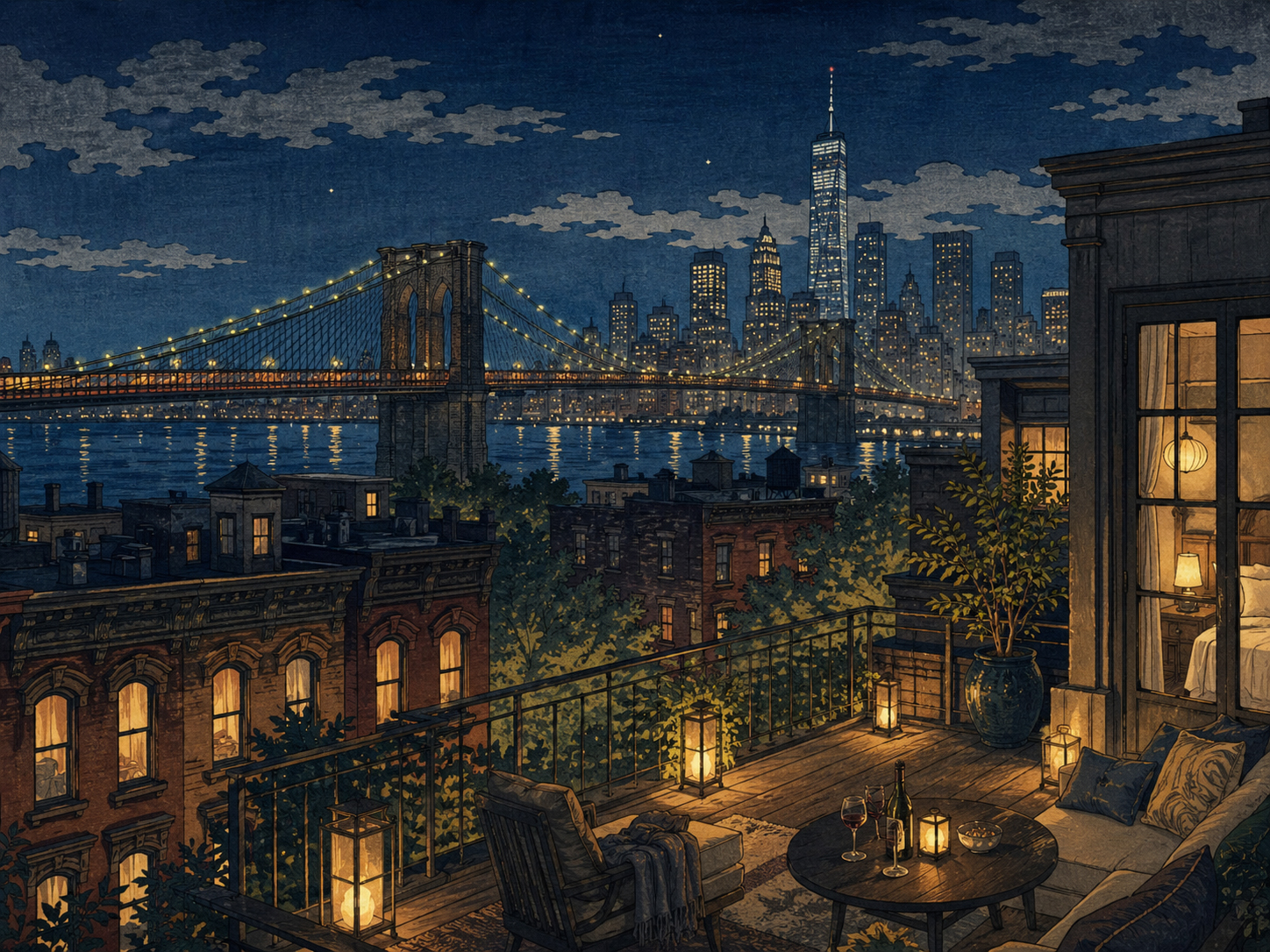 ブルックリンの屋上、ブラウンストーン、橋の夜景