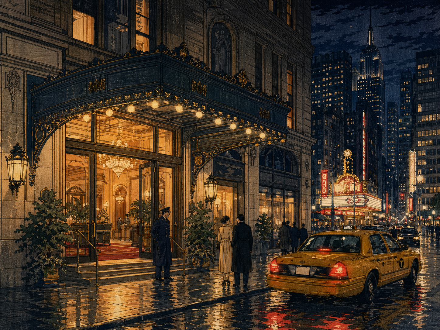 NYCのホテルロビー、劇場、夜のタクシー